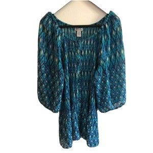 Catherines Geometric 3/4 Sleeve Button Down Blue Shirt Tunic Flowy Plus Size 2X